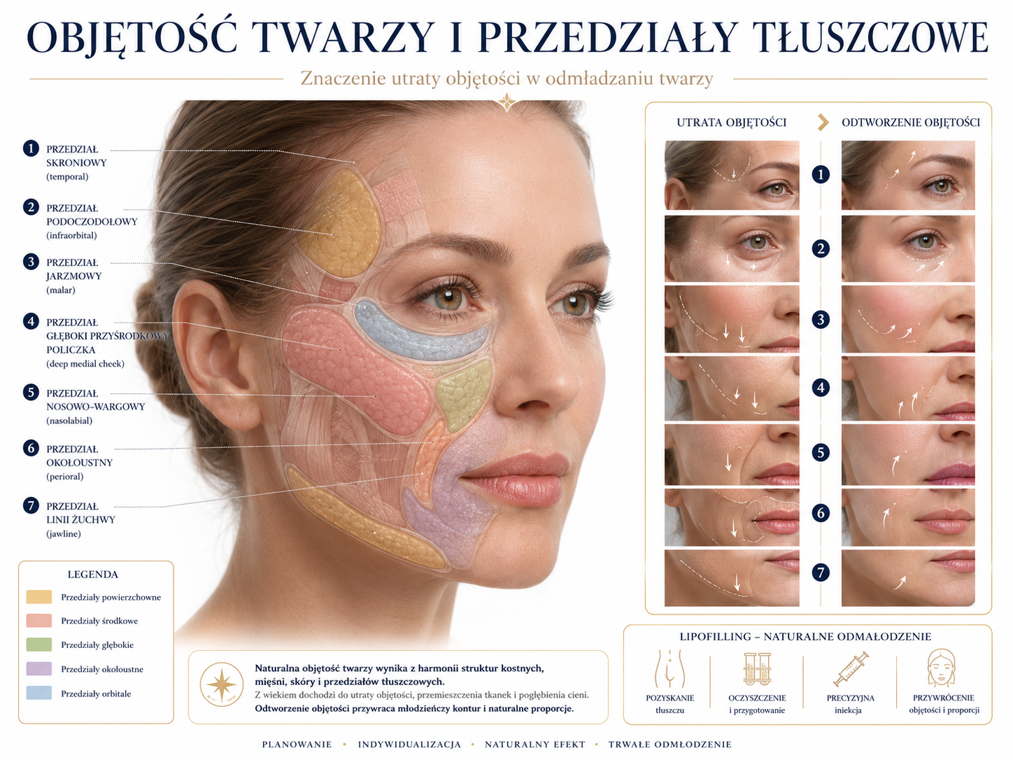 Profesjonalna ilustracja objętości twarzy i przedziałów tłuszczowych