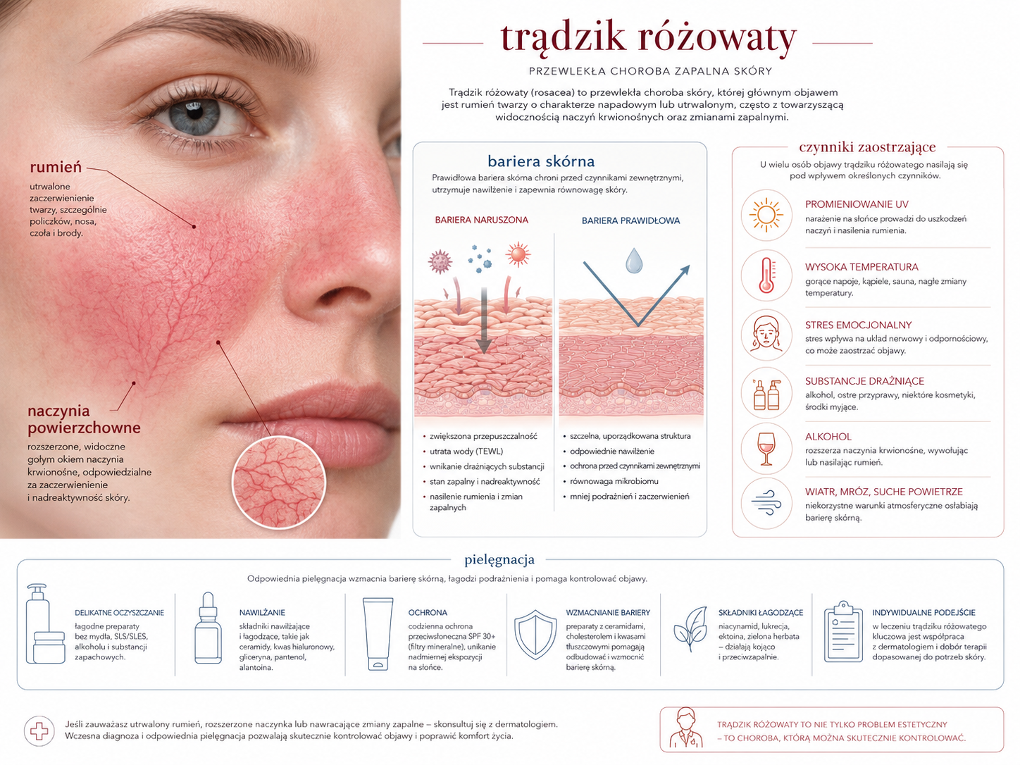 Profesjonalna ilustracja trądziku różowatego i bariery skórnej